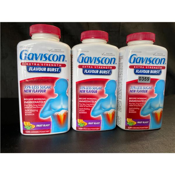 Lot of 3 Gaviscon Extra Strength - For Acid Reflux & Heartburn - 120 Tabs Each - Fruit Blast