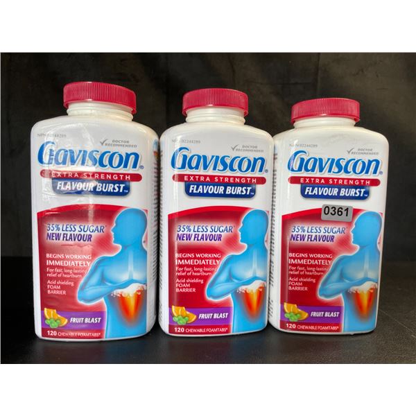Lot of 3 Gaviscon Extra Strength - For Acid Reflux & Heartburn - 120 Tabs Each - Fruit Blast