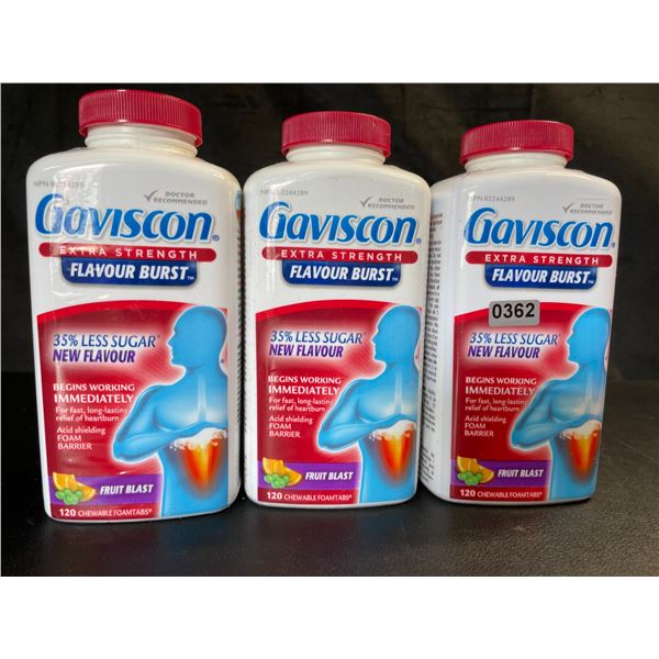 Lot of 3 Gaviscon Extra Strength - For Acid Reflux & Heartburn - 120 Tabs Each - Fruit Blast