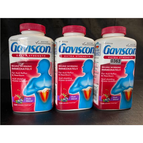 Lot of 3 Gaviscon Extra Strength - For Acid Reflux & Heartburn - 120 Tabs Each - Fruit Blend