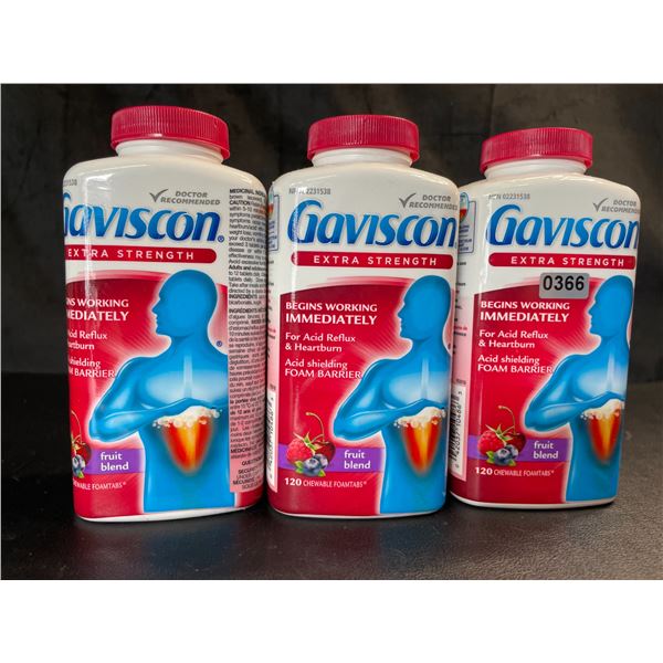 Lot of 3 Gaviscon Extra Strength - For Acid Reflux & Heartburn - 120 Tabs Each - Fruit Blend