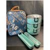 Image 1 : Lot of 1 Stackable 3-Layer Bento Lunch Box w/ Insulated Carrying Bag & Cutlery Set - Brand New