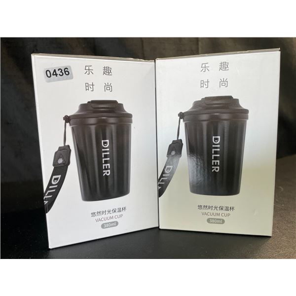 Lot of 2 Diller Vacuum Insulated Water Bottles/Mugs With Lids - 12oz/380ml - Brand New!