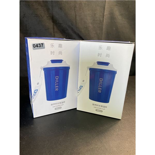 Lot of 2 Diller Vacuum Insulated Water Bottles/Mugs With Lids - 12oz/380ml - Brand New!