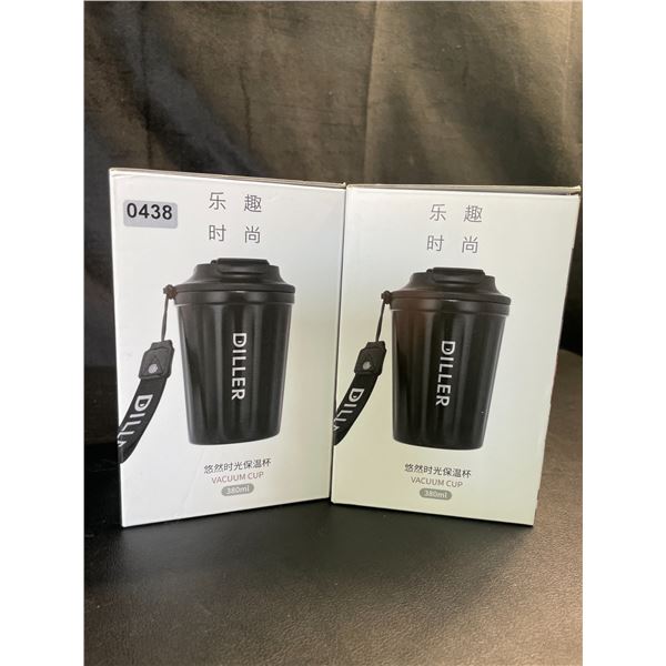 Lot of 2 Diller Vacuum Insulated Water Bottles/Mugs With Lids - 12oz/380ml - Brand New!