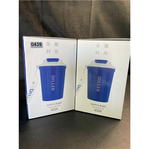 Lot of 2 Diller Vacuum Insulated Water Bottles/Mugs With Lids - 12oz/380ml - Brand New!