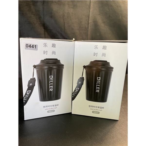 Lot of 2 Diller Vacuum Insulated Water Bottles/Mugs With Lids - 12oz/380ml - Brand New!