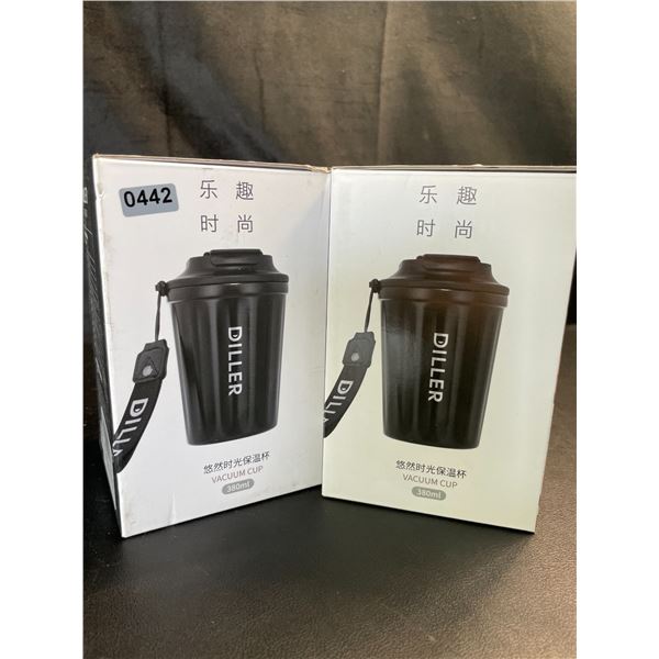 Lot of 2 Diller Vacuum Insulated Water Bottles/Mugs With Lids - 12oz/380ml - Brand New!