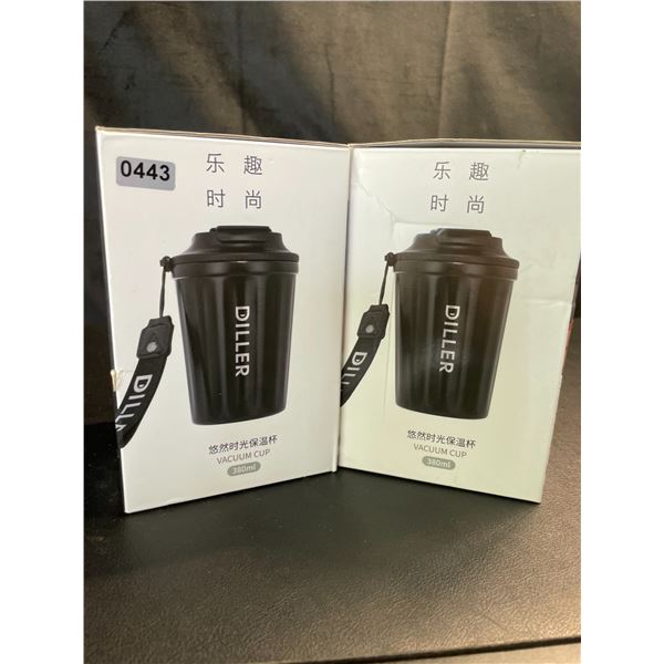 Lot of 2 Diller Vacuum Insulated Water Bottles/Mugs With Lids - 12oz/380ml - Brand New!