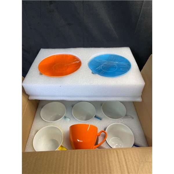 Lot of 1 Box of Colorful Porcelain Mugs with Saucers - 6pcs - Brand New