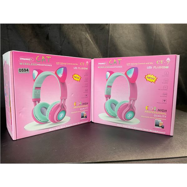 Lot of 2 Cat/Kitty Ear Style Wireless Headphones for Kids - Brand New! Pink/Blue