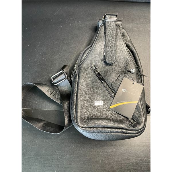 Lot of 1 Bullcaptain Real Genuine Leather Men's Sling/Crossbody Travel Bag - Black - Brand New!