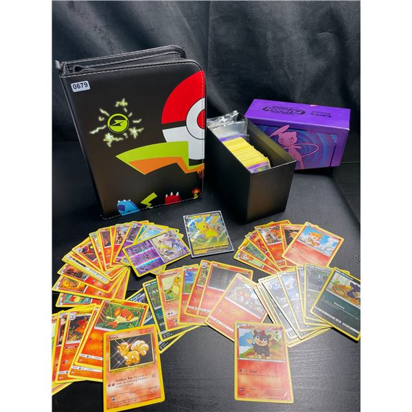 Lot of Assorted Pokemon Cards & Binder with Deck Box, Sleeves, & Dice (Over 250 Cards)