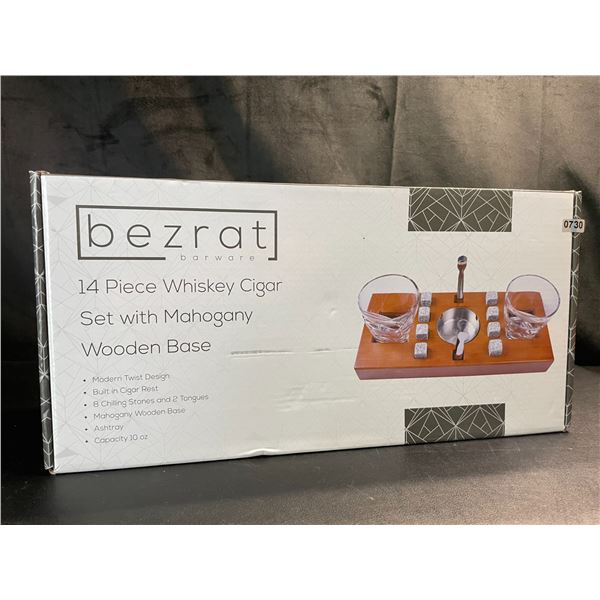 Lot of 1 Bezrat 14PC Whiskey Cigar Set with Mahogany Wooden Base - Brand New!