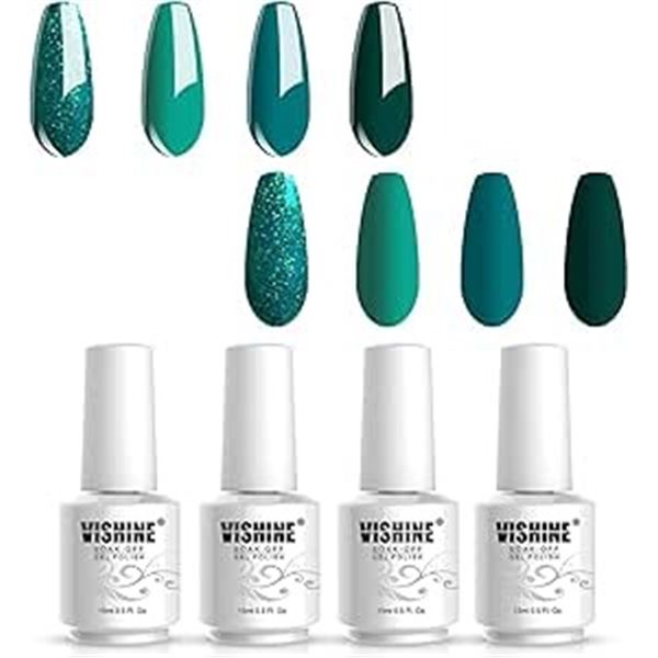 Lot of 2 Vishine Gel Nail Polish Sets - 4x 15ml Bottles - Green/Blue Colours - Brand New!