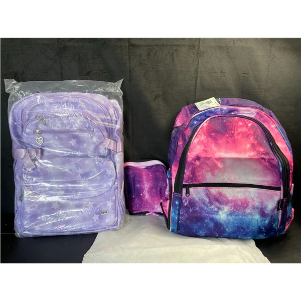 Lot of 2 Backpacks for Girls - Brand New - Galaxy Design & Purple Star - 15inch Size