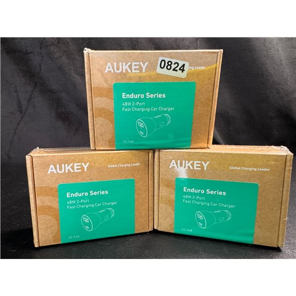 Lot of 3 Aukey Enduro Series 48W 2 Port Fast Charging Car Chargers