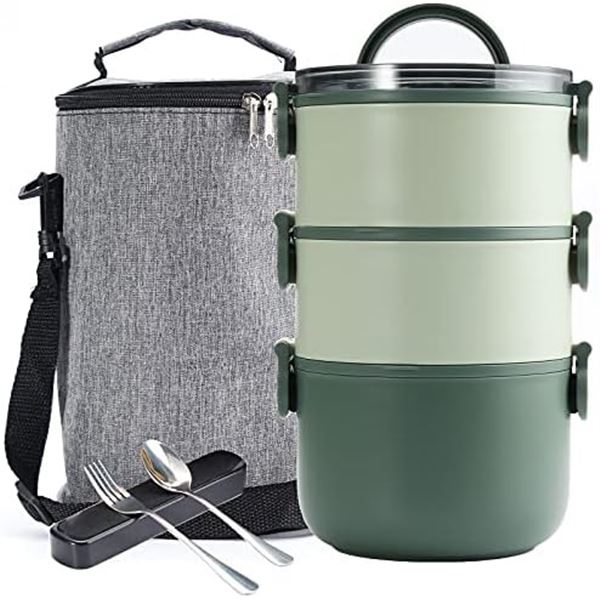 Lot of 1 Stackable 3-Layer Bento Lunch Box w/ Insulated Carrying Bag & Cutlery Set - Brand New