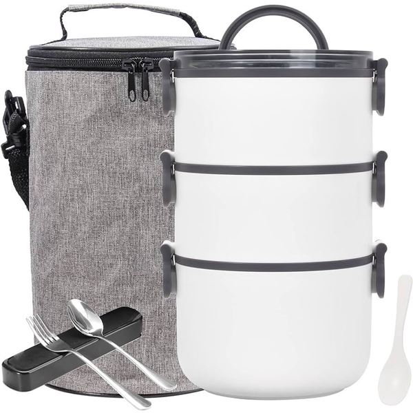 Lot of 1 Stackable 3-Layer Bento Lunch Box w/ Insulated Carrying Bag & Cutlery Set - Brand New