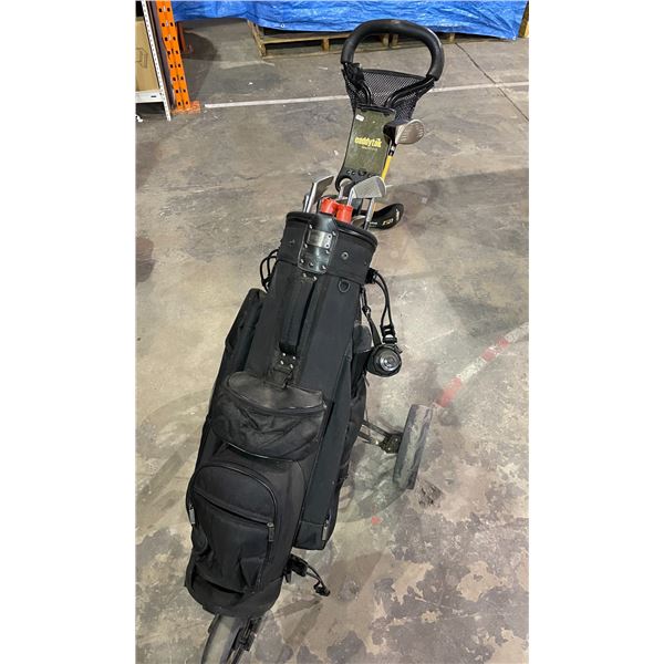 Lot of 1 Caddytek Caddylite 11.5 v2 Golf Push Cart & Golf Bag with Assorted Golf Clubs - Used