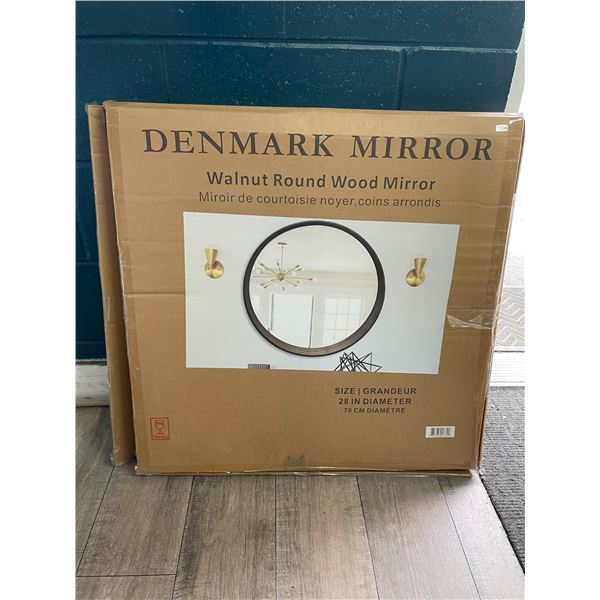 Lot of 1 Large 28-Inch Denmark Mirror - Walnut Round Wood Mirror