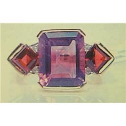 10 K Amethyst, Garnet, and Diamond Lady's Ring, 10 K yellow gold- amethyst is emerald cut, approx. 4