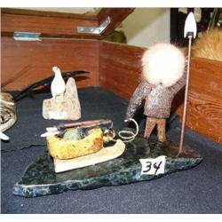 Soapstone base with walrus bone carving of Alaska Native sled scene 7" tall ref. 579F (2)