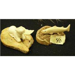 Lot of 2: ivory salmon and moose on bone (2)