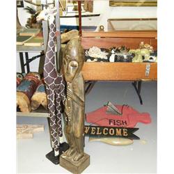 Lot of 5: imported hand carved items: giraffe, African playing flute, fish welcome sign, flying fish