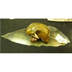 Soapstone walrus with walrus tusks mounted on Alaskan Jade 2",  base 6.5" (2)