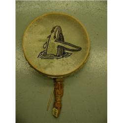 Drum with carved bone handle and stick - humpback whale emerging (2)