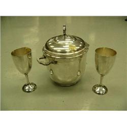 Lot of: silver plated ice bucket and silver goblets (2)