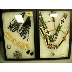 Lot of: 2 frames of jewelry - Indian beadwork, necklace, cross and pearls, black jet jewelry and cry