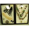 Image 1 : Lot of: 2 frames of jewelry - Indian beadwork, necklace, cross and pearls, black jet jewelry and cry
