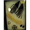 Image 2 : Lot of: 2 frames of jewelry - Indian beadwork, necklace, cross and pearls, black jet jewelry and cry