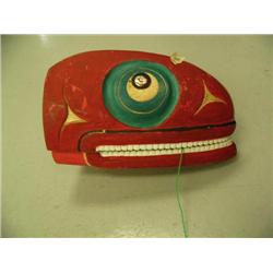 Salmon head mask wood with inlayed abalone shell eyed, Tlingit style imported