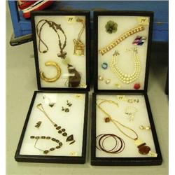 Lot of: 4 framed costume jewelry oriental style items, jade, pearls, etc. (74)