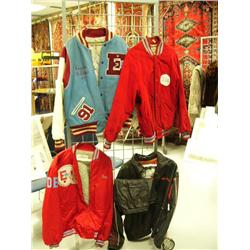 Lot of: Cleveland Browns leather jacket and pants size L, letterman's jacket, Anchorage Times jacket