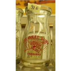 CHOICE on 5 quarter pint Creamer's dairy red painted label " Use clean quality Cream" mountains and 