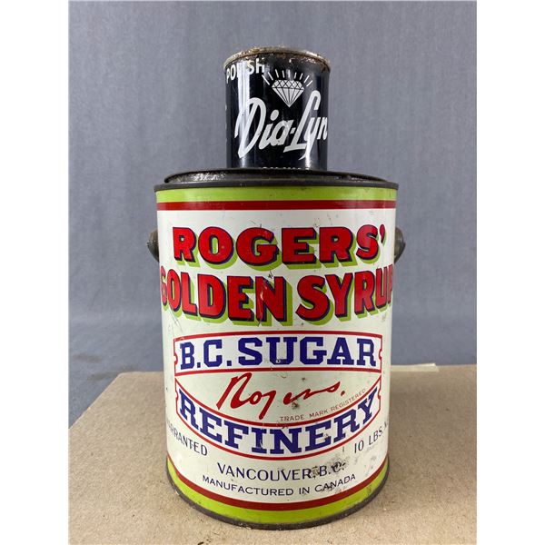 2 Vintage Tin Cans - 10lbs Roger's Golden Syrup & 7 oz Dia-Lyn Polish (with contents)