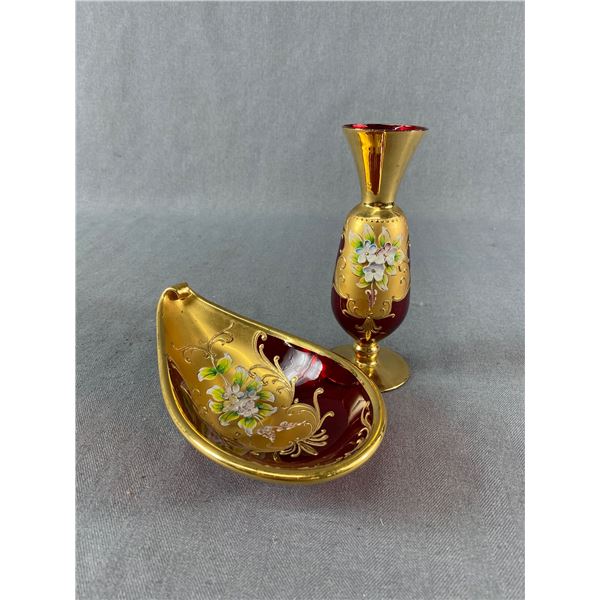 Gorgeous Vintage MURANO Ruby Glass Vase & Bowl 22k Gold & Flowers