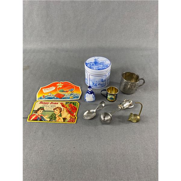 Nice Vintage Collectible Lot- Needle Books, Baby Cup & Spoon, Brass Mouse, Tin, Bell, Scoop & Tin