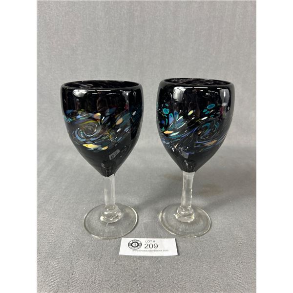 Rare 2 Signed Arte Vargas Hand Blown Goblets Wine Glasses, No Chips Or Cracks