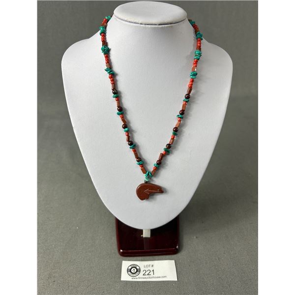 Genuine Turquoise, Coral, Goldstone, Necklace W/Fetish Bear Pendant - 20" Long - 925 Clasp