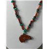 Image 2 : Genuine Turquoise, Coral, Goldstone, Necklace W/Fetish Bear Pendant - 20" Long - 925 Clasp