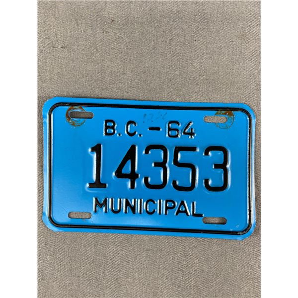 1964 British Columbia Municipal License Plate