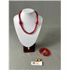 Image 1 : Red Beads Necklace, 5 Strands Wide Red Beads Bracelet & Pair Of Earrings