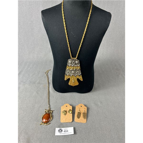 2 Owl Pendant Necklaces & 2 Owl Earrings