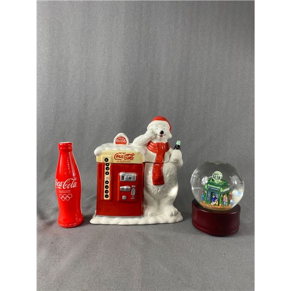 Coca Cola Bear Lidded Jar, Starbuck Musical Globe & L.E. Colour Changing Coke Foam Bottle