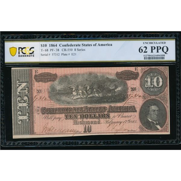 1864 $10 T-68 Confederate PCGS 62PPQ